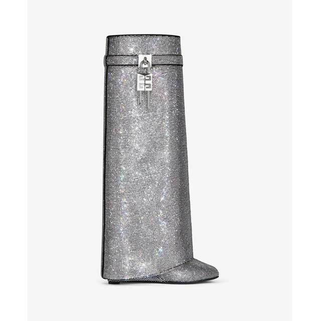 Shark Lock Rhinestones Long Boots