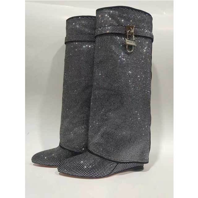 Shark Lock Rhinestones Long Boots