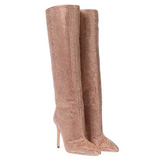 Pointed Toe High Heeled Rhinestones Boots