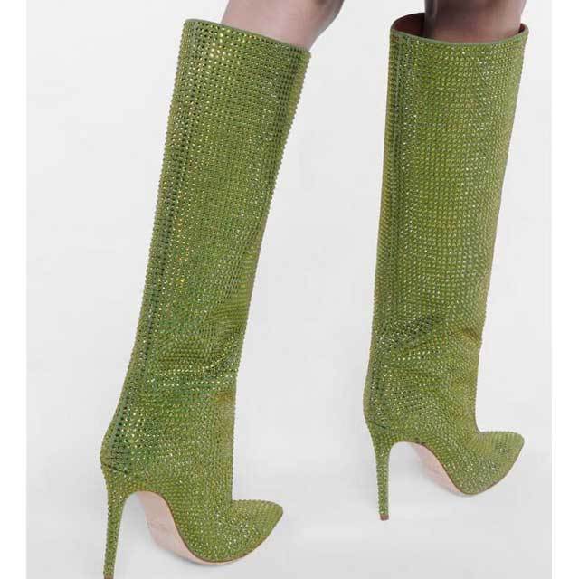 Pointed Toe High Heeled Rhinestones Boots