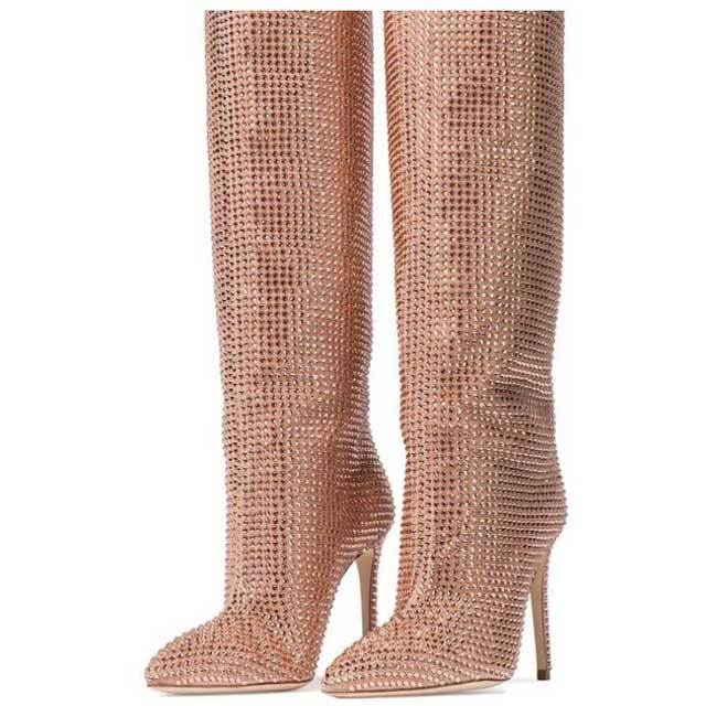 Pointed Toe High Heeled Rhinestones Boots
