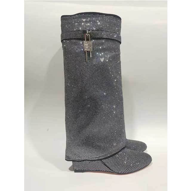 Shark Lock Rhinestones Long Boots