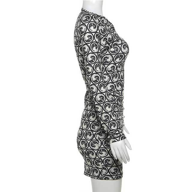Abstract Print Long Sleeve Bodycon Dress