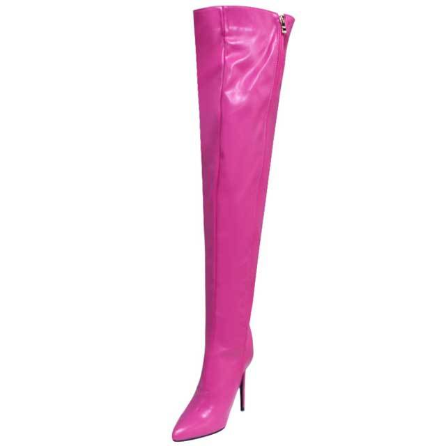 Pointed Toe Leather Zipper Over Knee Boots