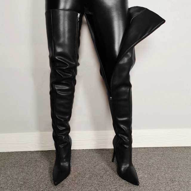 Pointed Toe Leather Zipper Over Knee Boots