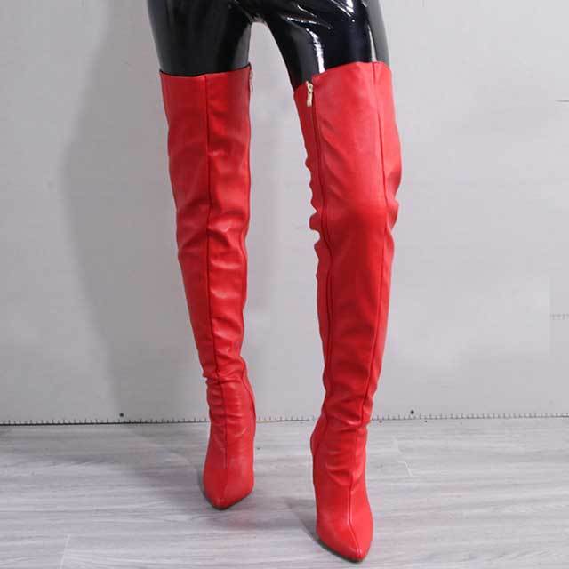 Pointed Toe Leather Zipper Over Knee Boots