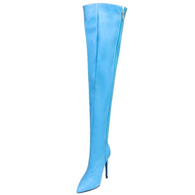 Pointed Toe Leather Zipper Over Knee Boots