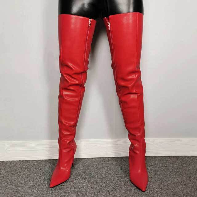 Pointed Toe Leather Zipper Over Knee Boots