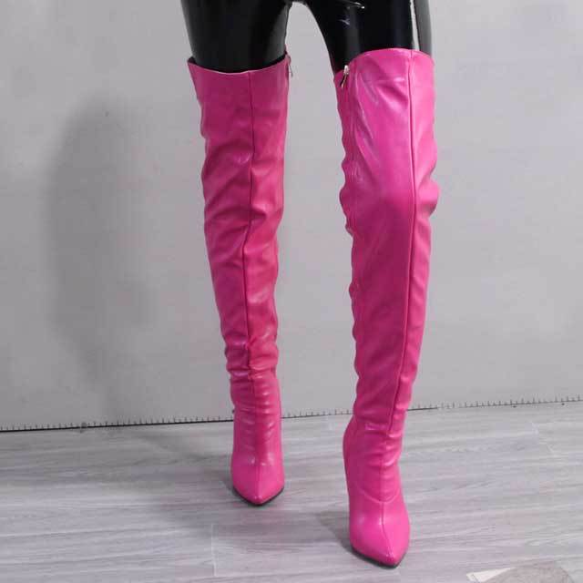 Pointed Toe Leather Zipper Over Knee Boots