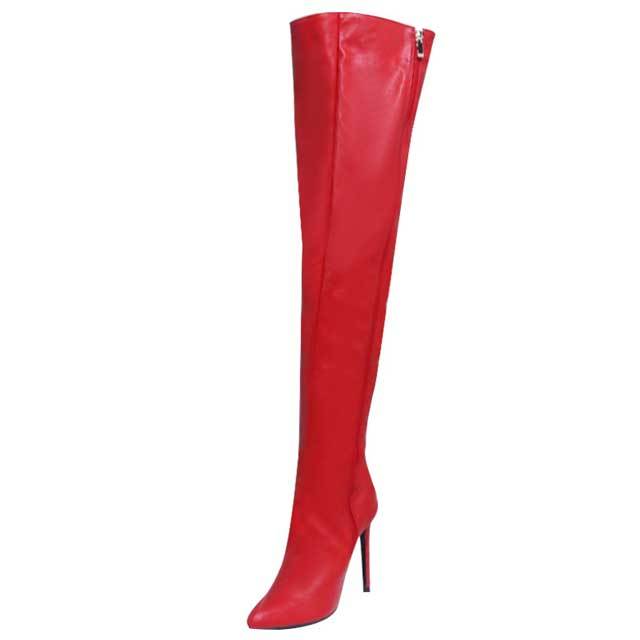 Pointed Toe Leather Zipper Over Knee Boots