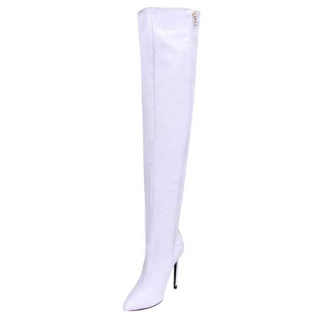 Pointed Toe Leather Zipper Over Knee Boots