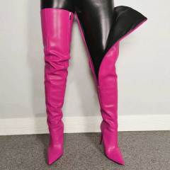 Pointed Toe Leather Zipper Over Knee Boots