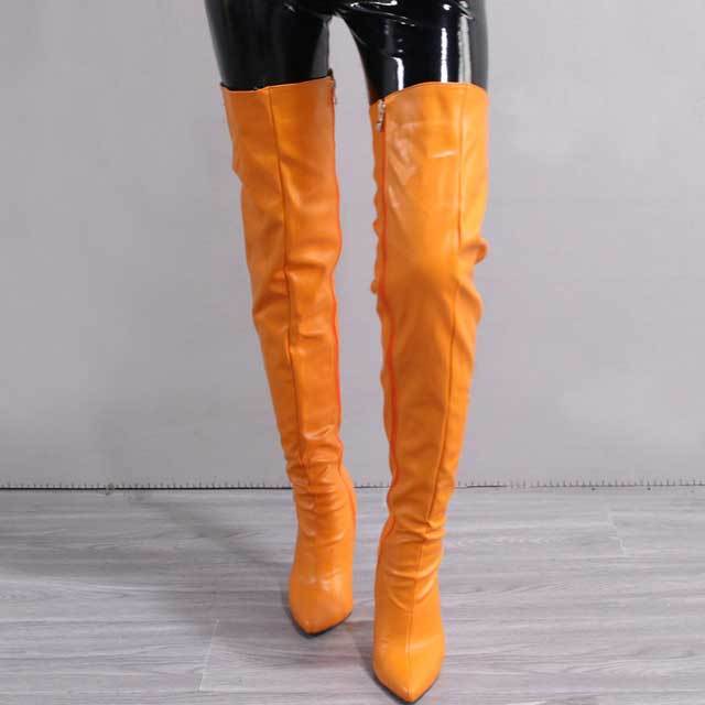 Pointed Toe Leather Zipper Over Knee Boots