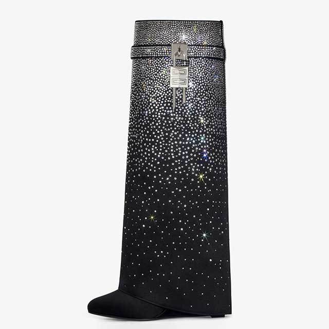 Shark Lock Rhinestones Knee Length Boots