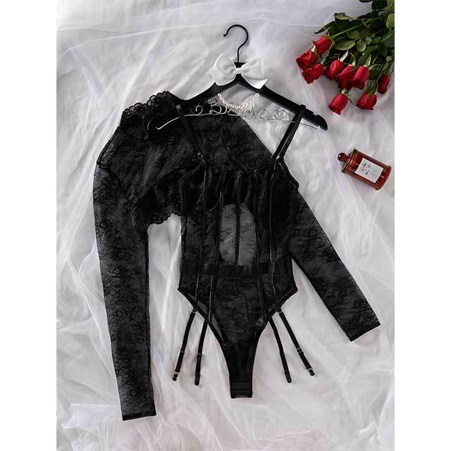 Black Lace Corset Teddies Lingerie Set