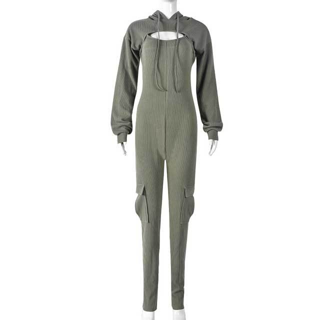 Hollow Out Design Knit Cargo Jumpsuit