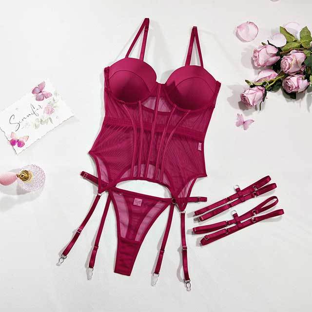 Perfect Love Corset Sheer Mesh Garter Lingerie Set