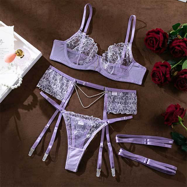 Secret Rhinestones Embroidery Lace Bra Set