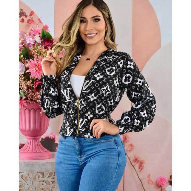 Printed Zipper Hooded Jacket