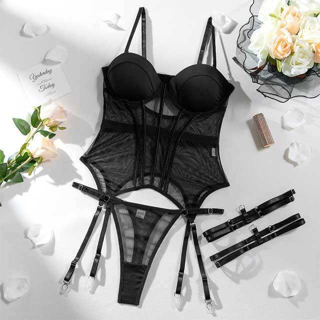 Perfect Love Corset Sheer Mesh Garter Lingerie Set