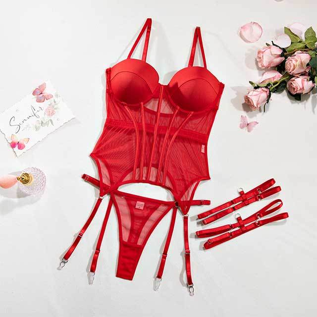 Perfect Love Corset Sheer Mesh Garter Lingerie Set