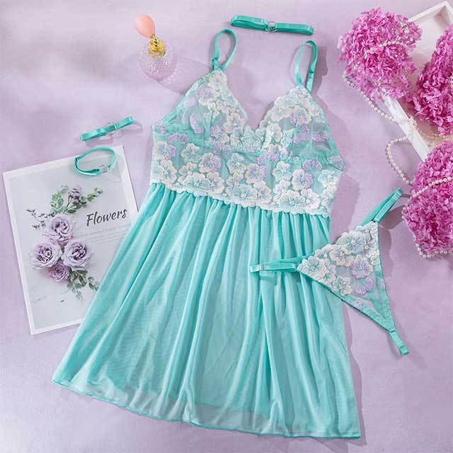 Embroidery Lacy Sheer Mesh Cami Lingerie Dress