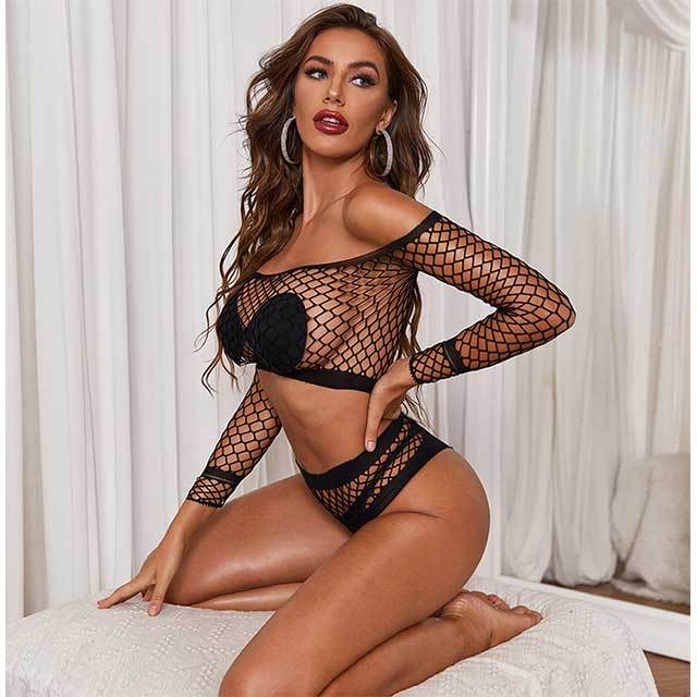 Hollow Out Fishnet Lingerie 2 Pieces Short Set