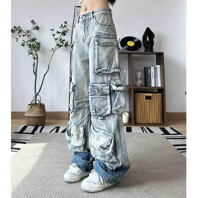 Large Pocket Design Washed Gradient Cargo Pants