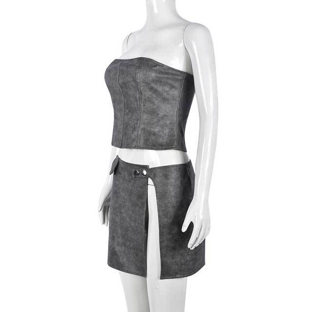 Leather Slit Mini Skirt Set