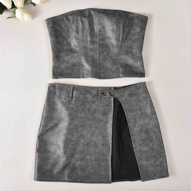 Leather Slit Mini Skirt Set