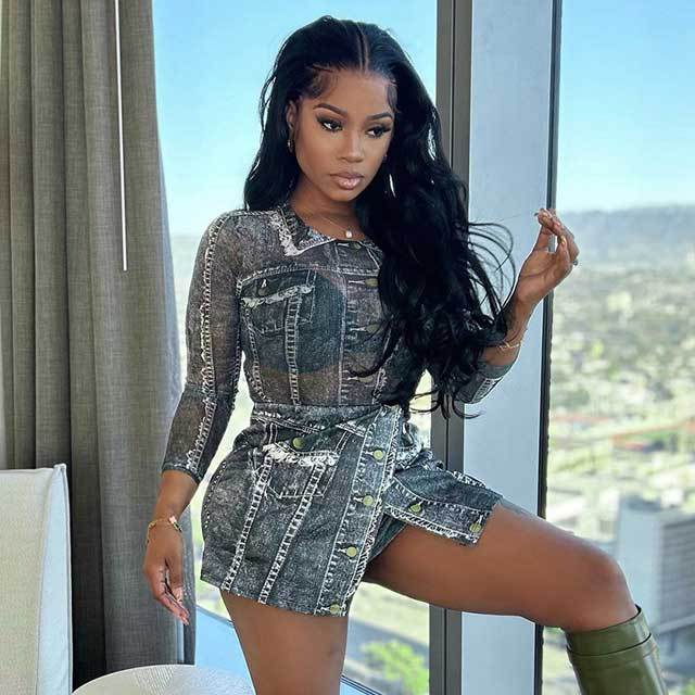 Mesh Printed Bodysuit Skirt Set