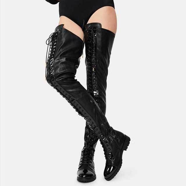 Lace-Up Leather Over Knee Boots