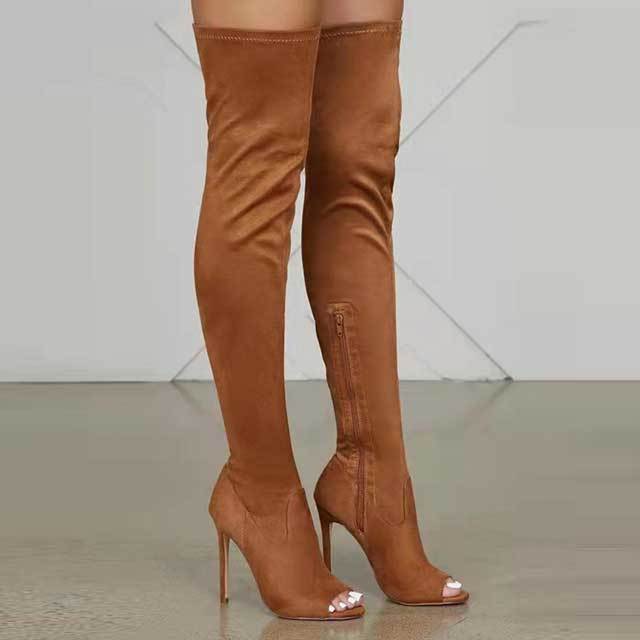 Open Toe High Heeled Suede Boots