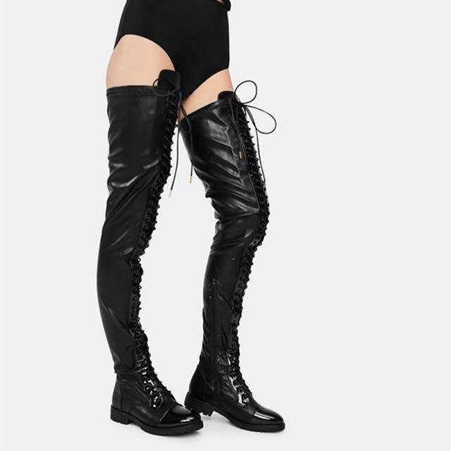 Lace-Up Leather Over Knee Boots