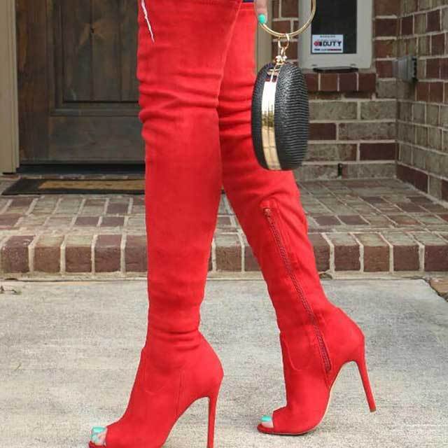 Open Toe High Heeled Suede Boots