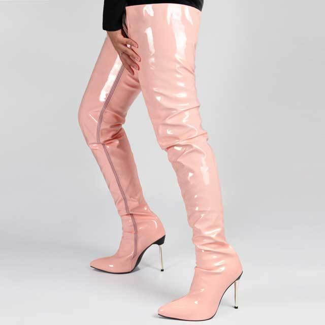 Leather Zipper High Heeled Long Boots
