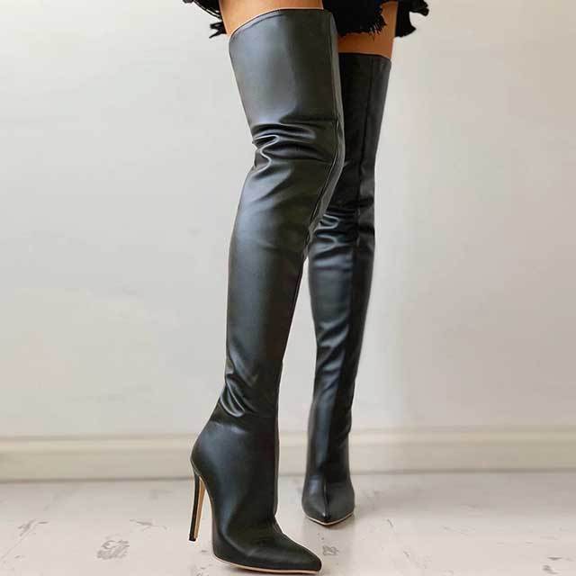 Leather Zipper Thin Heeled Over Knee Boots