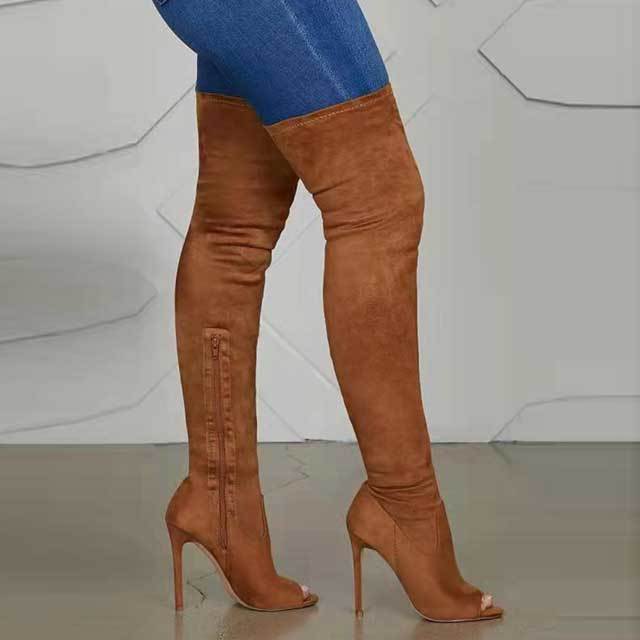 Open Toe High Heeled Suede Boots