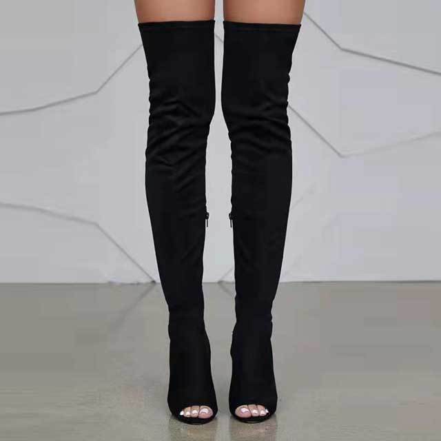 Open Toe High Heeled Suede Boots