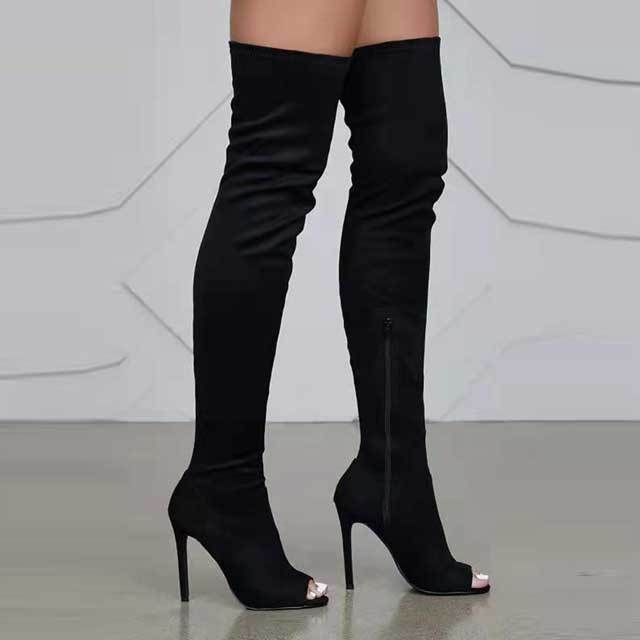 Open Toe High Heeled Suede Boots