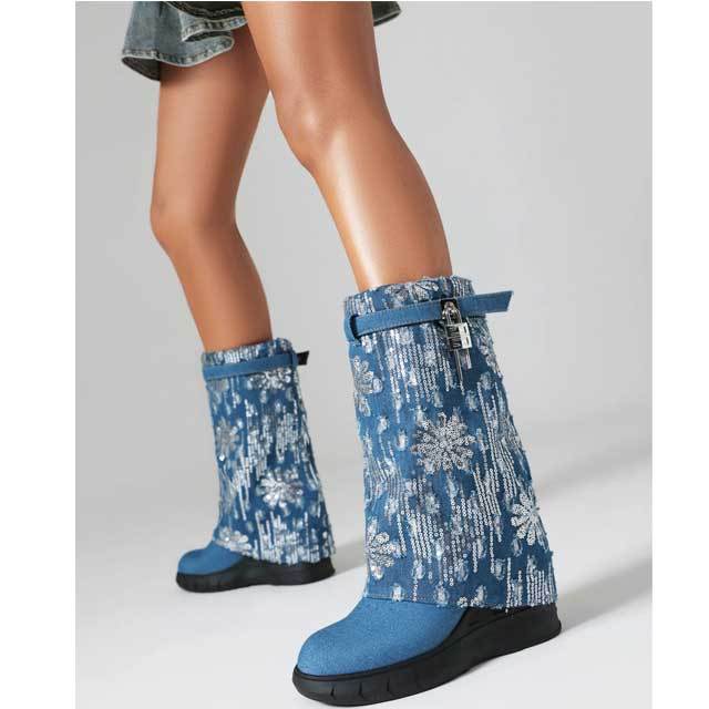 Shark Lock Sequin Denim Boots