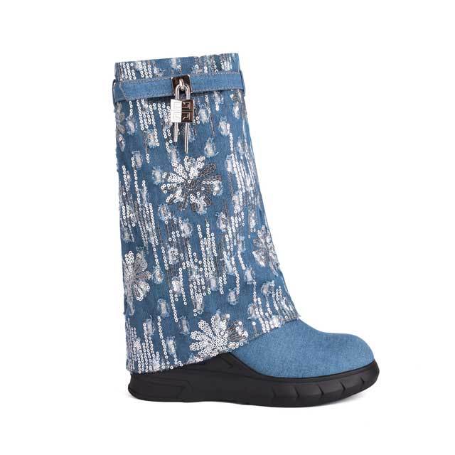 Shark Lock Sequin Denim Boots