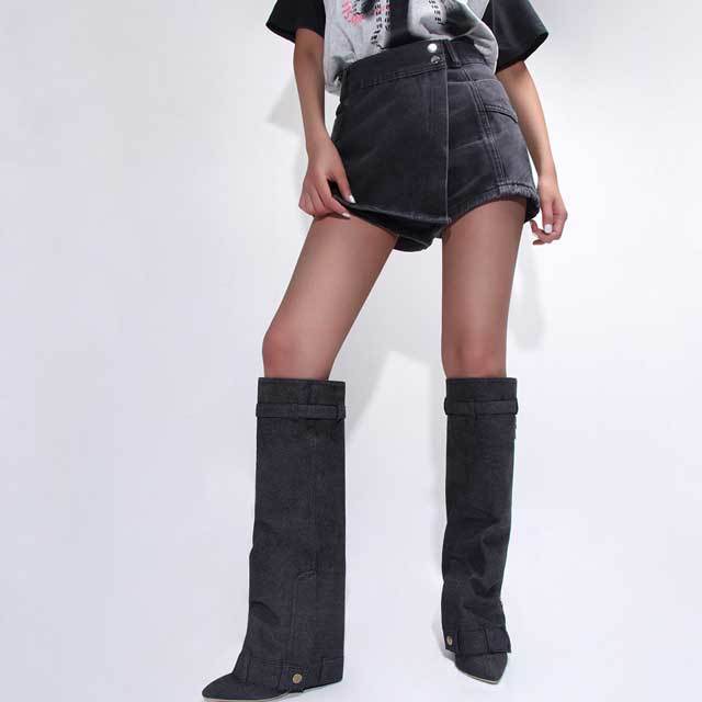 Shark Lock High Heeled Denim Boots