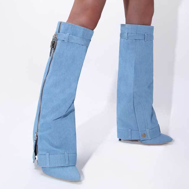 Shark Lock High Heeled Denim Boots