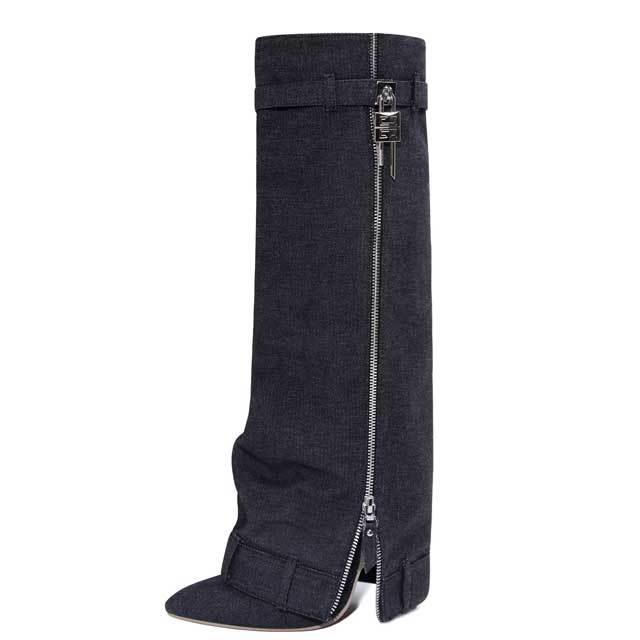 Shark Lock High Heeled Denim Boots