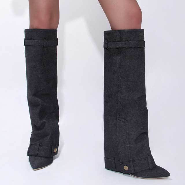 Shark Lock High Heeled Denim Boots