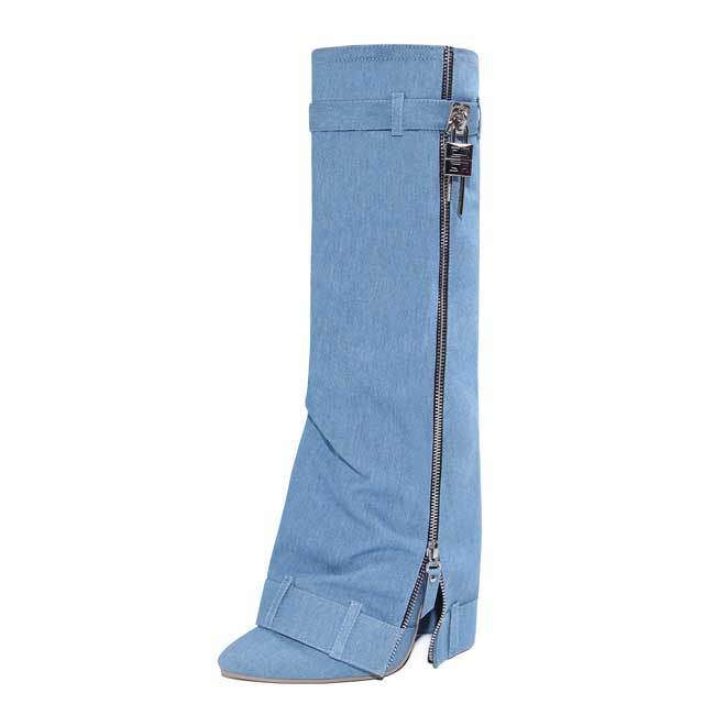 Shark Lock High Heeled Denim Boots