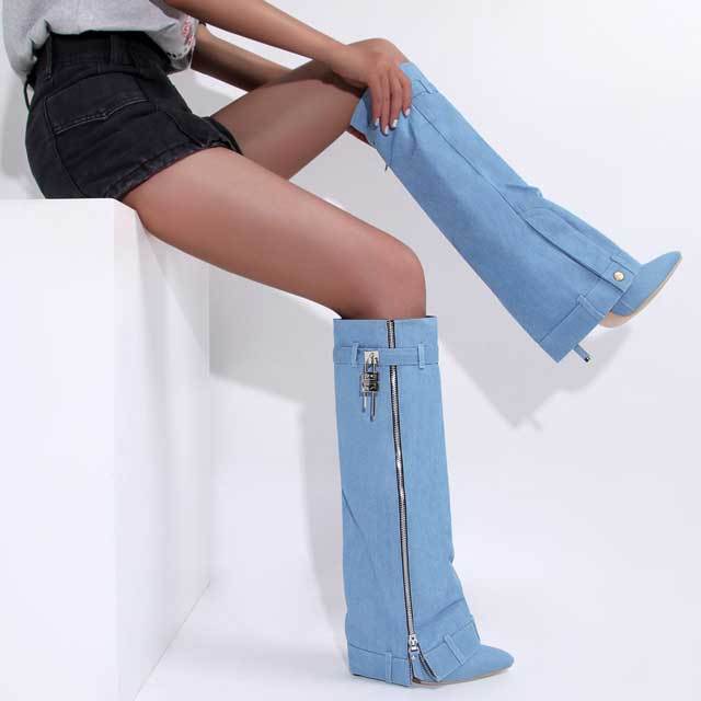 Shark Lock High Heeled Denim Boots