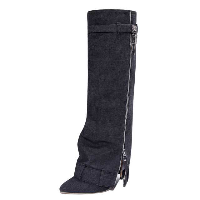 Shark Lock High Heeled Denim Boots