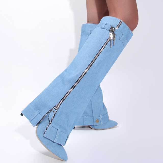 Shark Lock High Heeled Denim Boots